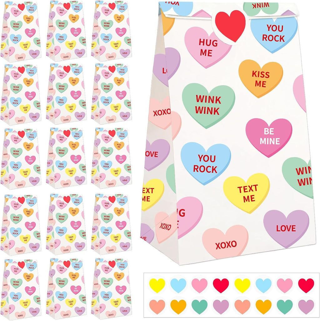 FEBSNOW Valentines Day Gift Bags 20PCS Conversation Hearts Paper Treat Bags