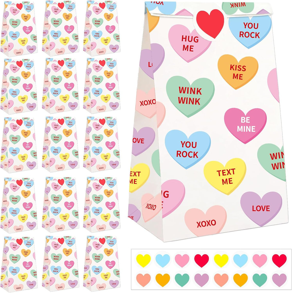 FEBSNOW Valentines Day Gift Bags 20PCS Conversation Hearts Paper Treat Bags