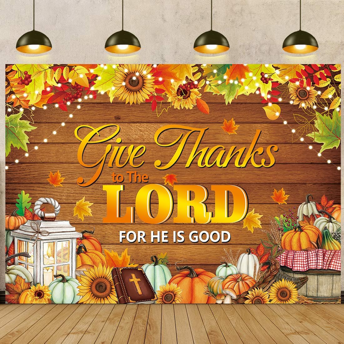 Give Thanks to The Lord Banner Backdrop 10x8FT Christian Thanksgiving Decorations Background Autumn Maple Leaves Pumpkins Religious Thanksgiving Harvest Party Supplies Wall Decor