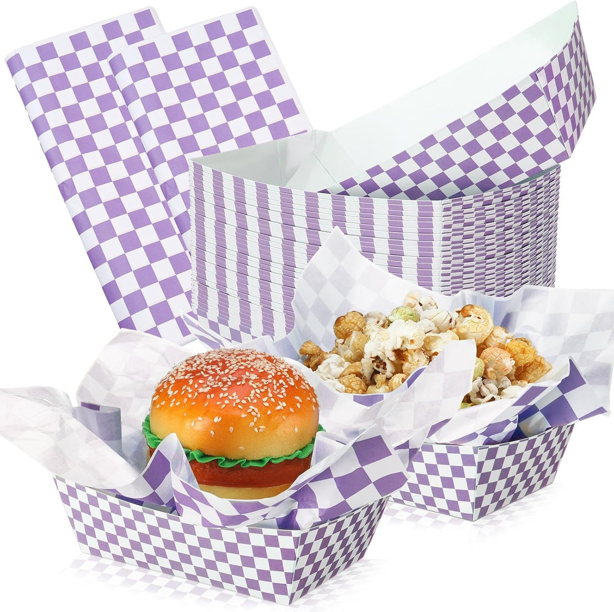 Geosar 100 Pcs Gingham Paper Food Tray with Wax Paper,Purple White