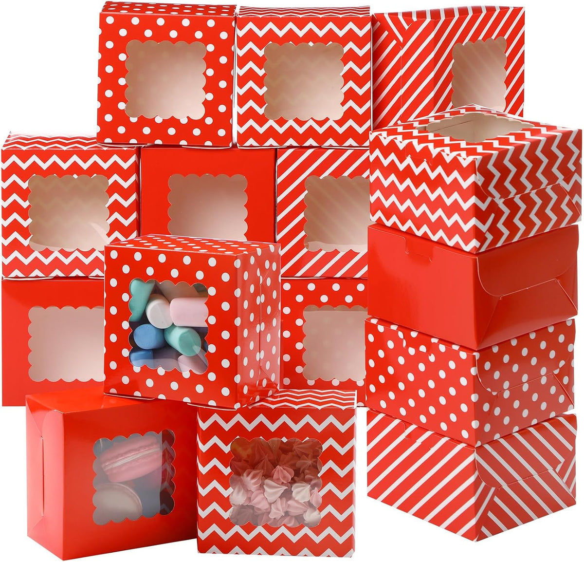 24 Pcs Christmas Bakery Boxes with Window, Red White 4x4x2.5 In