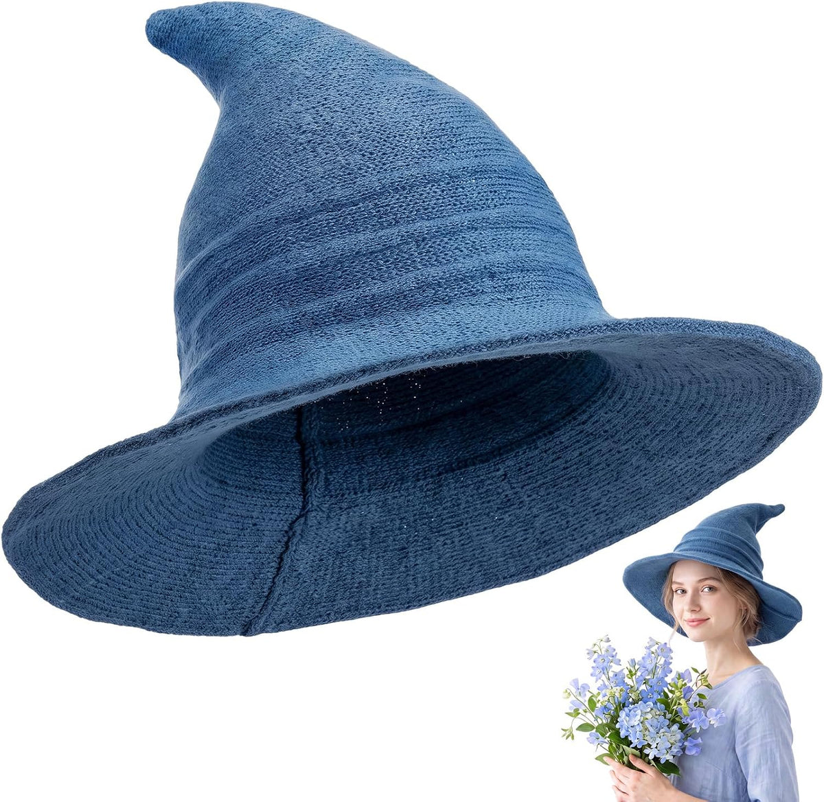 Boyiee Knitted Witch Hat Foldable Wide Brim Cap Pointed Felt Hat for Women Halloween Cosplay Costume Masquerade Accessory