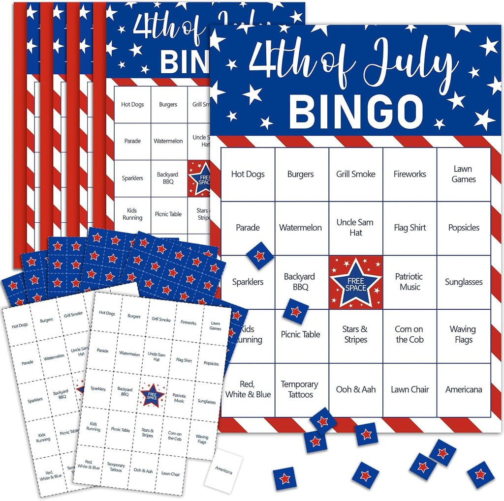4th of July Bingo Game Set for 24 - Patriotic Party Activities, Independence Day Games for Family Reunion, School & Classroom Decorations – 5" x 7" Cards