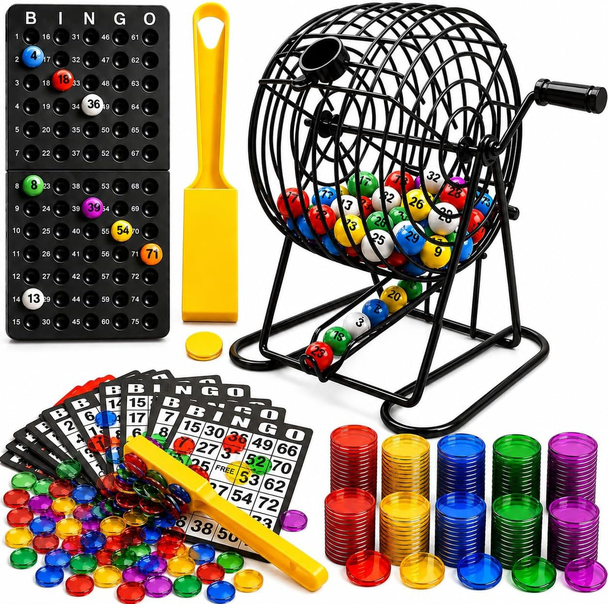 Deluxe Bingo Game Set with Durable Steel Cage and Chips Clean up Wands
