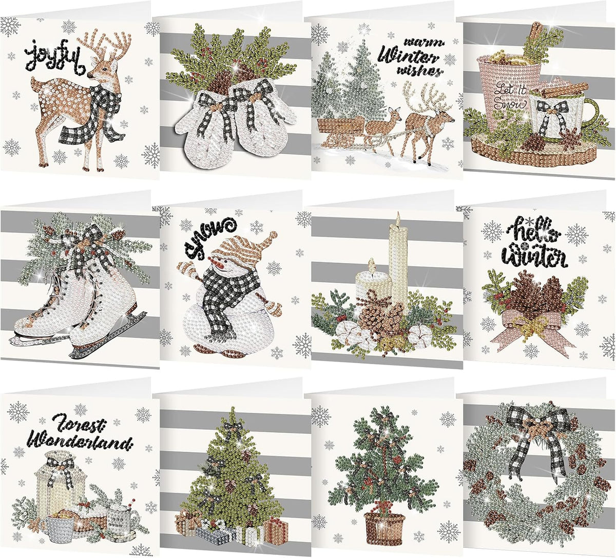 Saillong 12 Pack Neutral Christmas Diamond Painting Greeting Card Kits DIY Gray Christmas Diamond Art Cards with Envelopes Xmas 5D Rhinestones Painting Kit for Adults DIY Craft Family Friend Xmas Gift