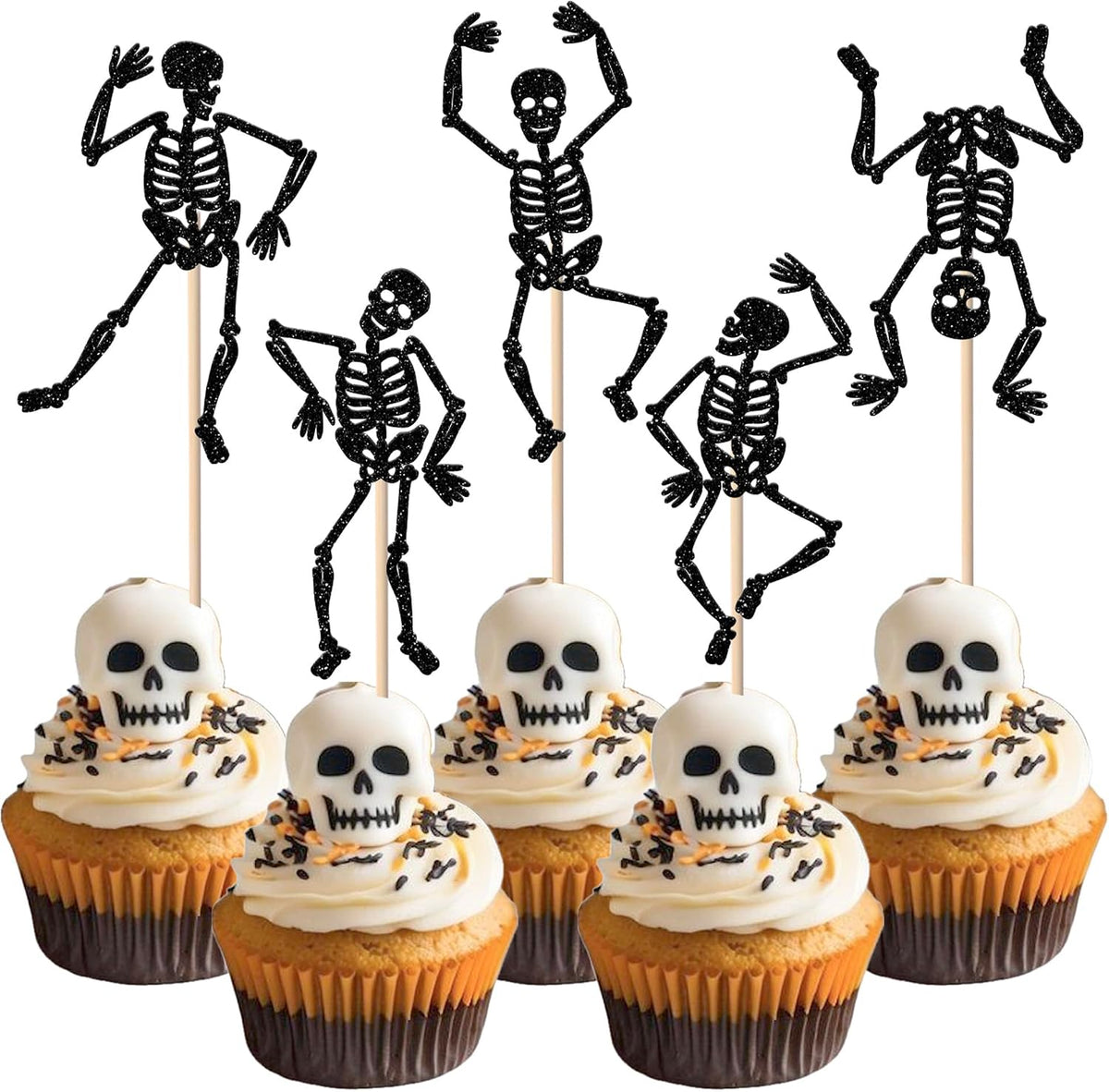 30 PCS Halloween Skull Cupcake Toppers Glitter Skeleton Dance Cupcake Picks Happy Halloween Party Decorations for Skull Baby Shower Kids Boys Girls Birthday Party Cake Decorations Supplies Black