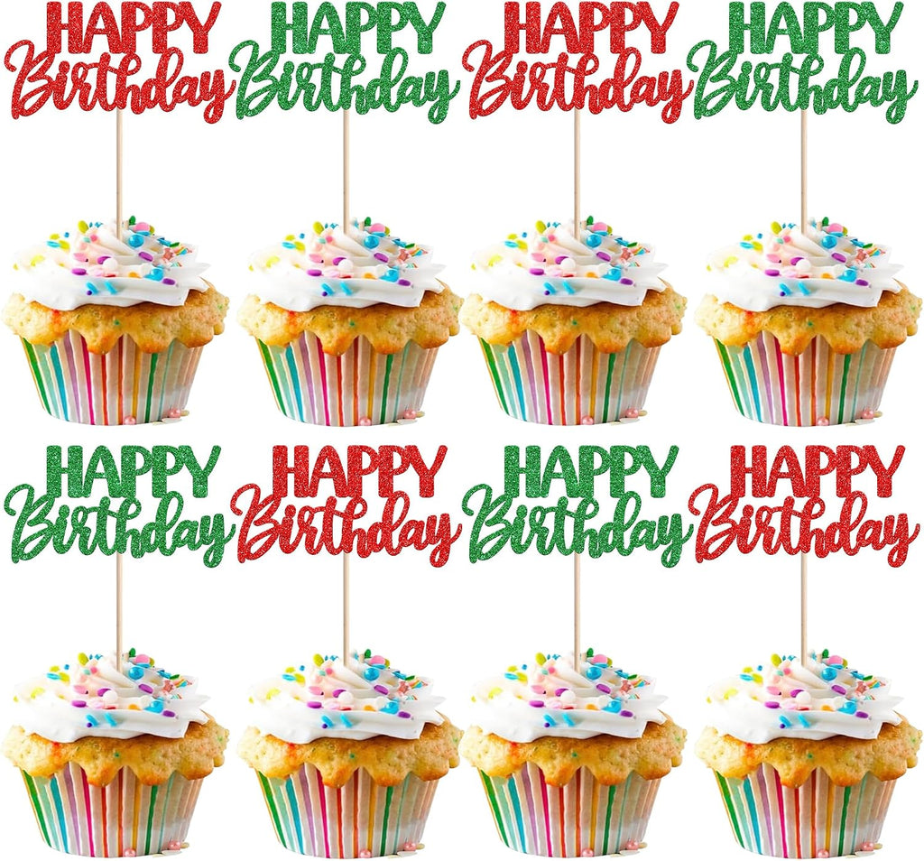 30 PCS Happy Birthday Cupcake Toppers Glitter Happy Birthday Cupcake Picks for Celebrating Anniversary Theme Christmas Party Cake Decorations Supplies Red Green