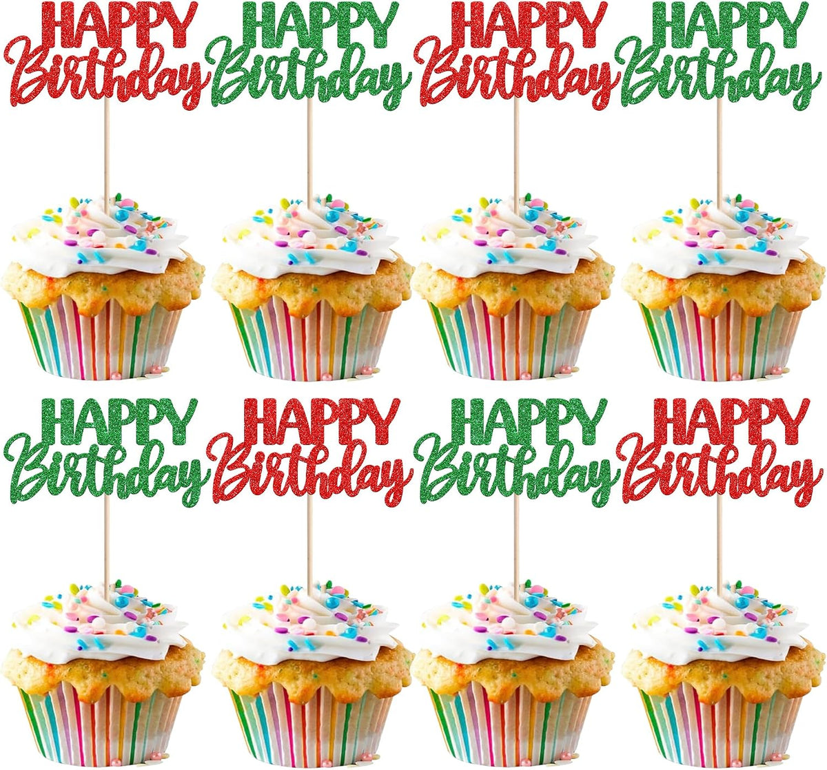 30 PCS Happy Birthday Cupcake Toppers Glitter Happy Birthday Cupcake Picks for Celebrating Anniversary Theme Christmas Party Cake Decorations Supplies Red Green