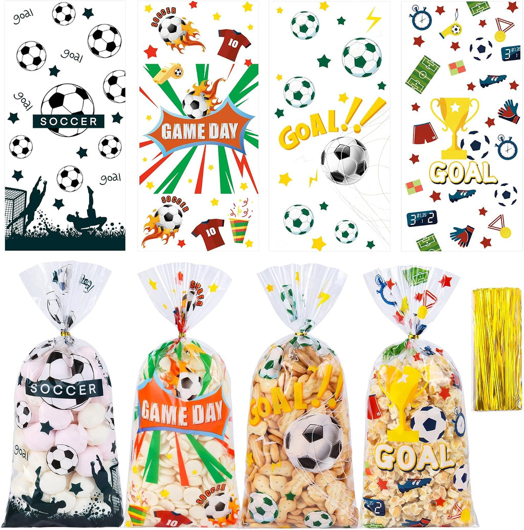 QOIUSO 50PCS Soccer Cellophane Treat Bags - Clear Plastic Goodie Bags with 60 Gold Twist Ties - Soccer Party Favor Bags for Candy, Snacks, Game Day, Sports Events, Birthday & School Activities