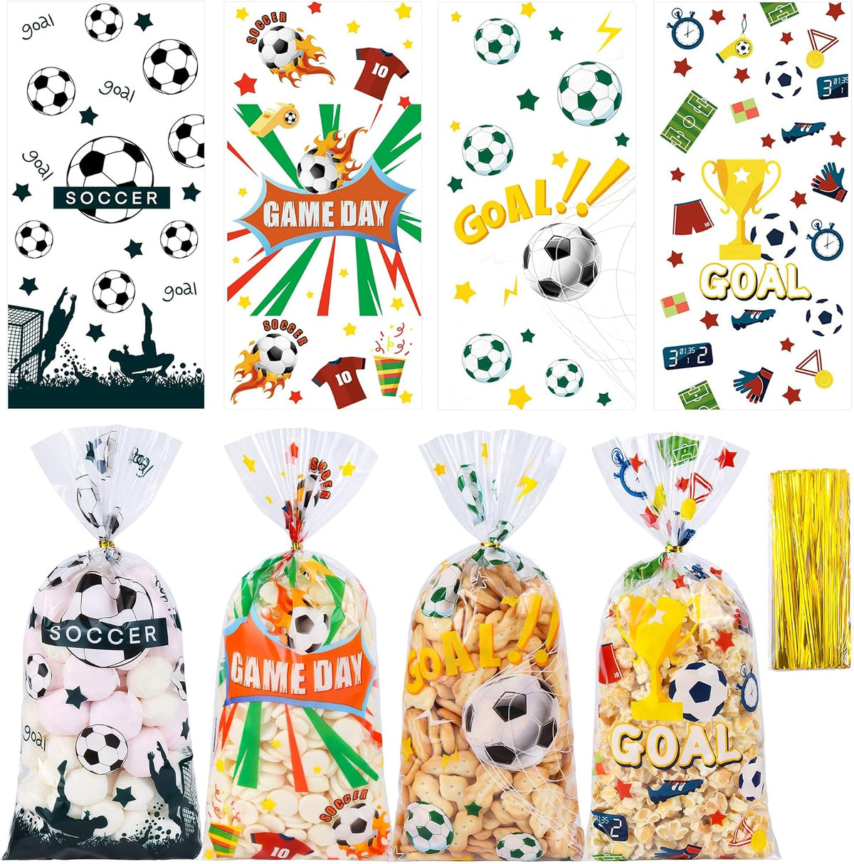 QOIUSO 50PCS Soccer Cellophane Treat Bags - Clear Plastic Goodie Bags with 60 Gold Twist Ties - Soccer Party Favor Bags for Candy, Snacks, Game Day, Sports Events, Birthday & School Activities