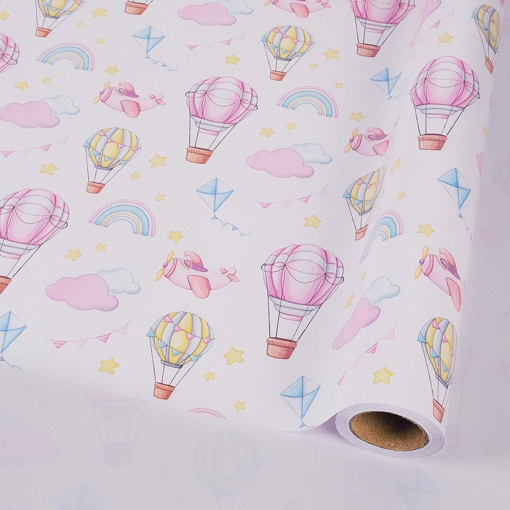 RayofSun Pink Hot Air Balloons Wrapping Paper for Baby Girl - 17 Inch x 32 Feet Mini Rolls Baby Shower Wrapping Paper Roll for Birthday, Girl’s Themed Party Celebrations Gift Wrap