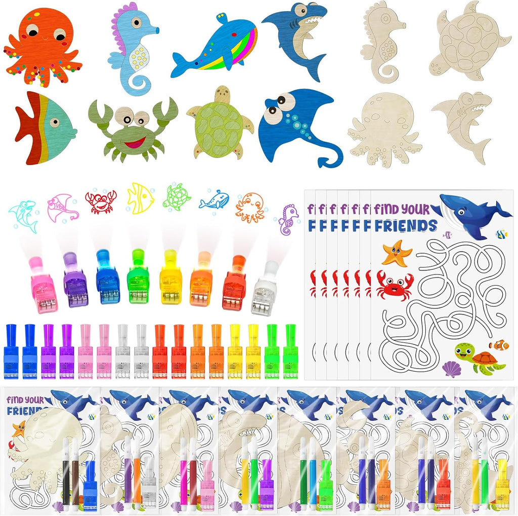 Cinrobiye 144 PCS Ocean Animal Craft Kit, Under the Sea Wooden Painting Ornaments for Ocean Theme Party Activities, Summer Camp Projects, Classroom Decorations and Event Displays