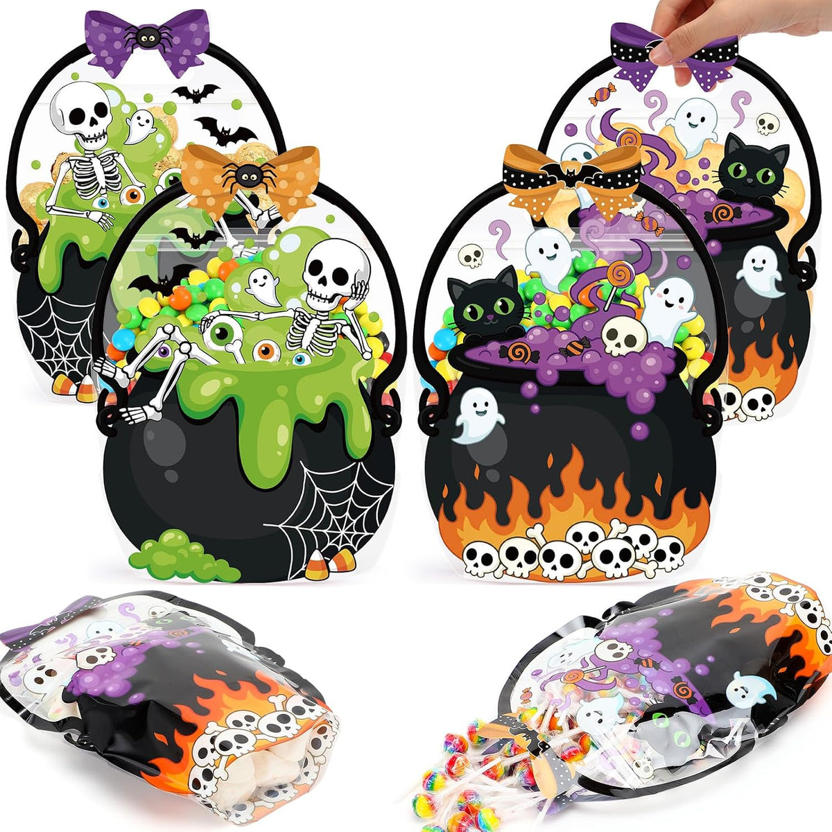 Fuutreo 24 Pcs Halloween Treat Bags with Handles, Skeleton Plastic, Clear