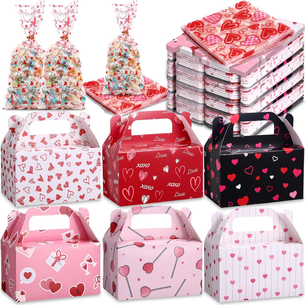 ReliThick 80 Pack Valentine‘s Day Treat Box with Cellophane Bags Heart Goodie Cookie Candy Boxes for Treats Valentine Gift Bag for Party(Stylish)