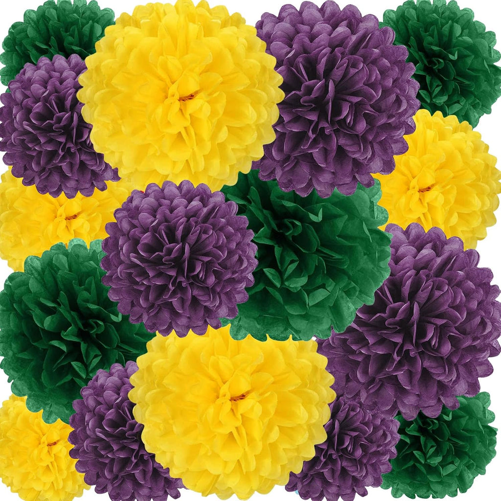 18 PCS Tissue Paper Pom Poms, Tissue Pom Poms Flowers, Sizes of 6", 10", 12", 14" Hanging Paper Flower Ball for Wedding, Birthday, Mardi Gras, Baby Shower Party Supplies Decor (Yellow Green Purple)