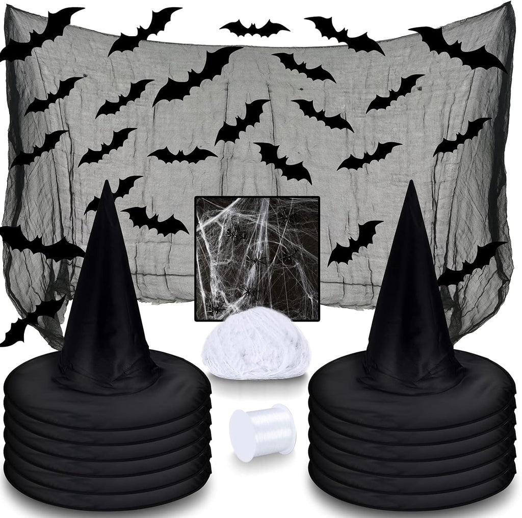 LINAYE 12Pcs Halloween Witch Hats Decorations with Spider Web,Creepy Cloth