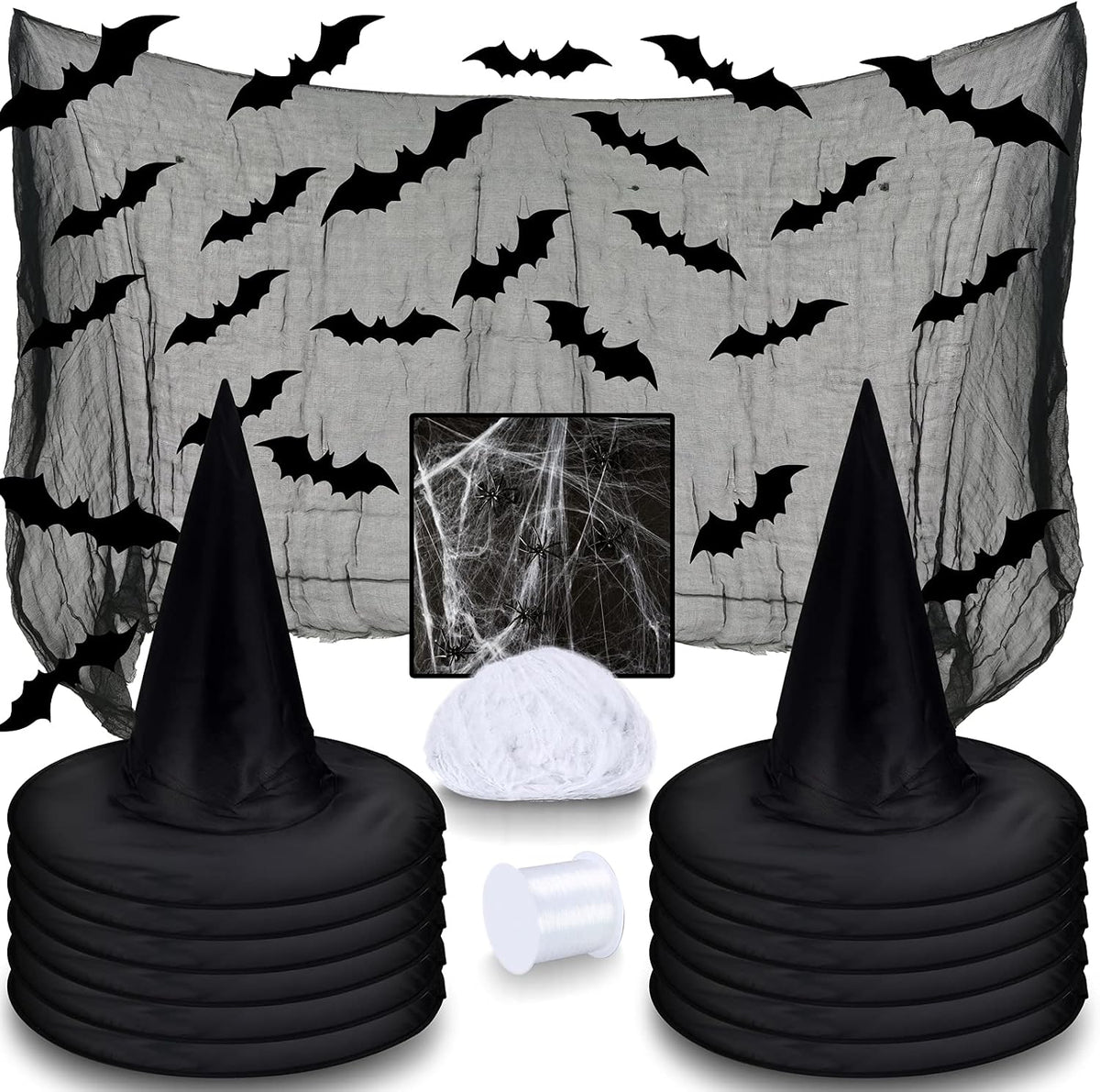 LINAYE 12Pcs Halloween Witch Hats Decorations with Spider Web,Creepy Cloth