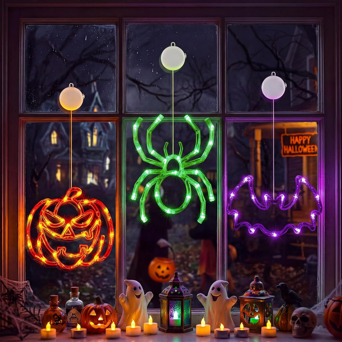 Minetom 3 Pack Halloween Windows Lights - Pumpkin, Spider, Bat with Timer