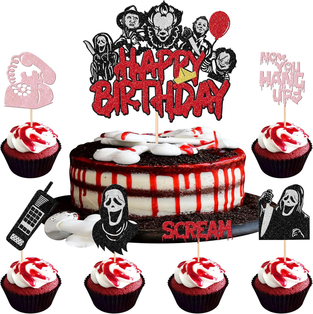 25 PCS Horror Movie Cupcake Toppers - Happy Birthday Cake Topper, Bloody Knife, Have a Killer Birthday Picks for Classic Movie Theme Halloween Party Cake Decorations Supplies