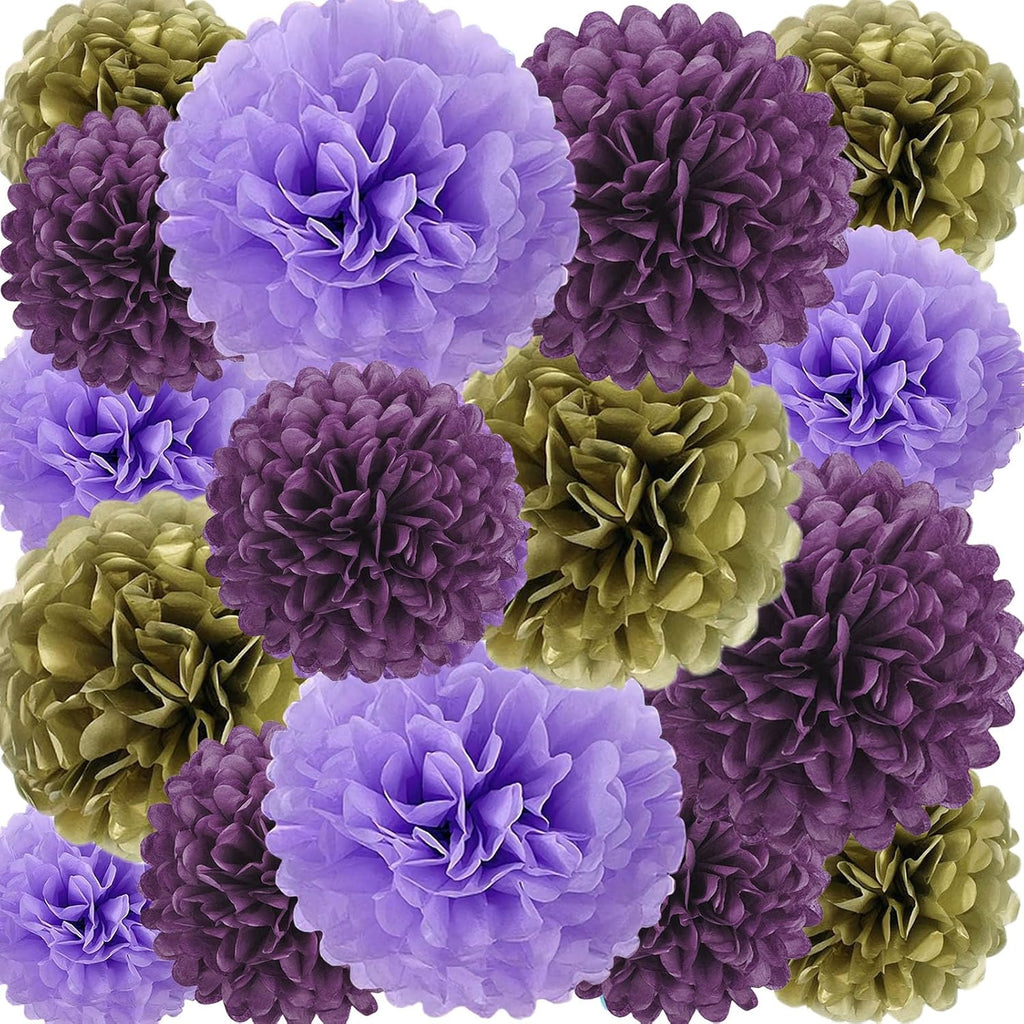 18 PCS Tissue Paper Pom Poms, Tissue Pom Poms Flowers, Sizes of 6", 10", 12", 14" Hanging Paper Flower Ball for Wedding, Birthday, Halloween, Christmas, Baby Shower Party Decor (Gold Purple)
