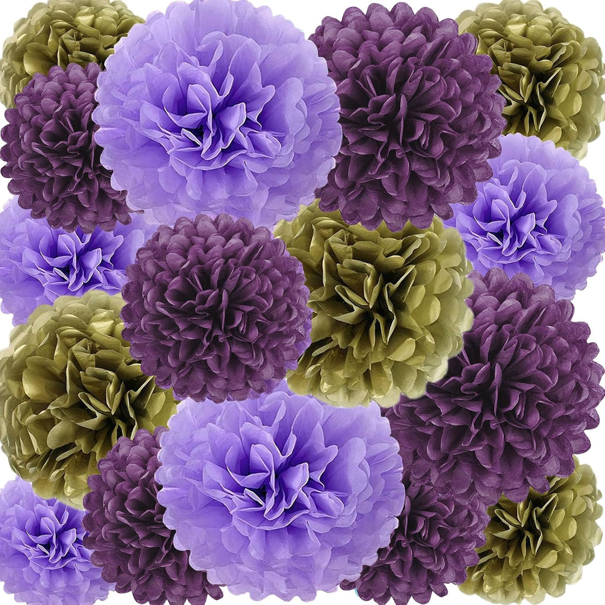 18 PCS Tissue Paper Pom Poms, Tissue Pom Poms Flowers, Sizes of 6", 10", 12", 14" Hanging Paper Flower Ball for Wedding, Birthday, Halloween, Christmas, Baby Shower Party Decor (Gold Purple)