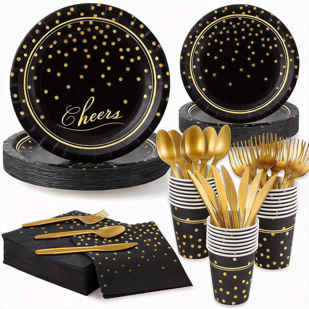 168Pcs Black and Gold Paper Plates and Napkins Party Supplies for 24 Guest