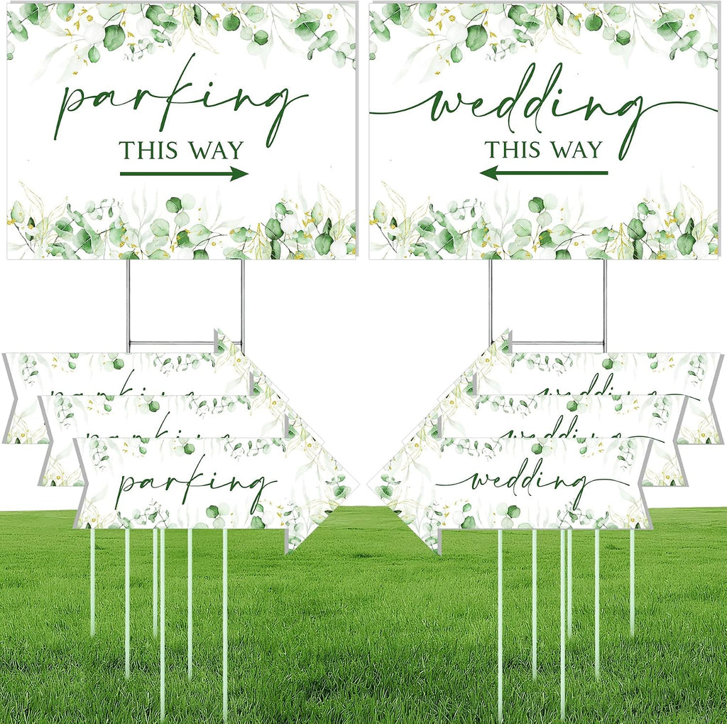 8 Pcs 17 × 8.5" Wedding This Way Directional Parking Signs Road with Stakes Large Double Sided Direction Printed Ceremony Reception Lawn Yard Arrow Sign Exquisite Plastic Rainproof (Green Leaves)