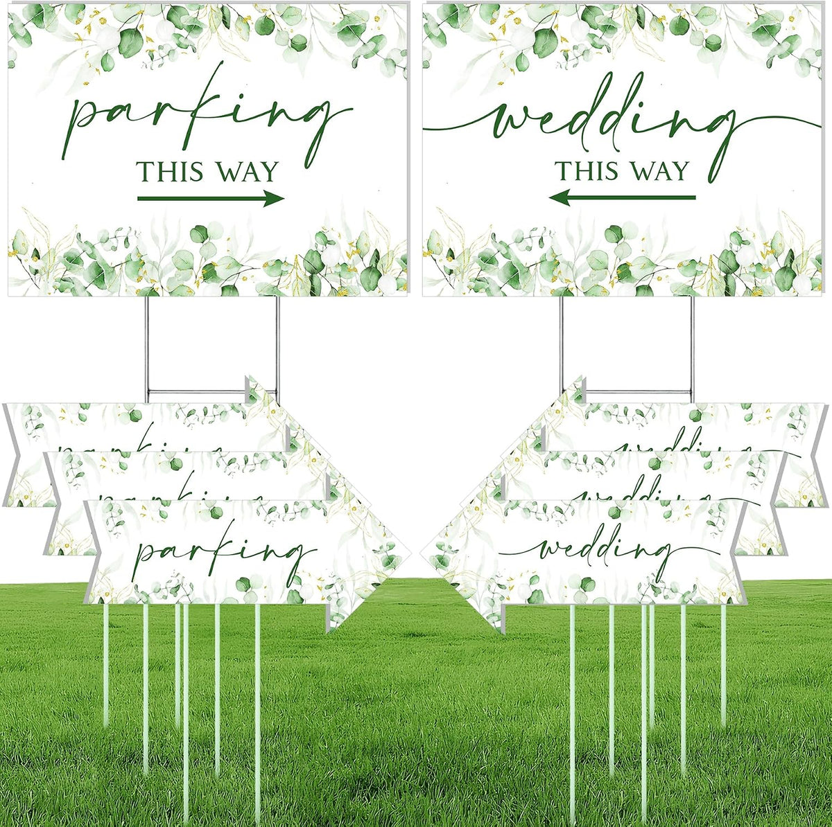 8 Pcs 17 × 8.5" Wedding This Way Directional Parking Signs Road with Stakes Large Double Sided Direction Printed Ceremony Reception Lawn Yard Arrow Sign Exquisite Plastic Rainproof (Green Leaves)