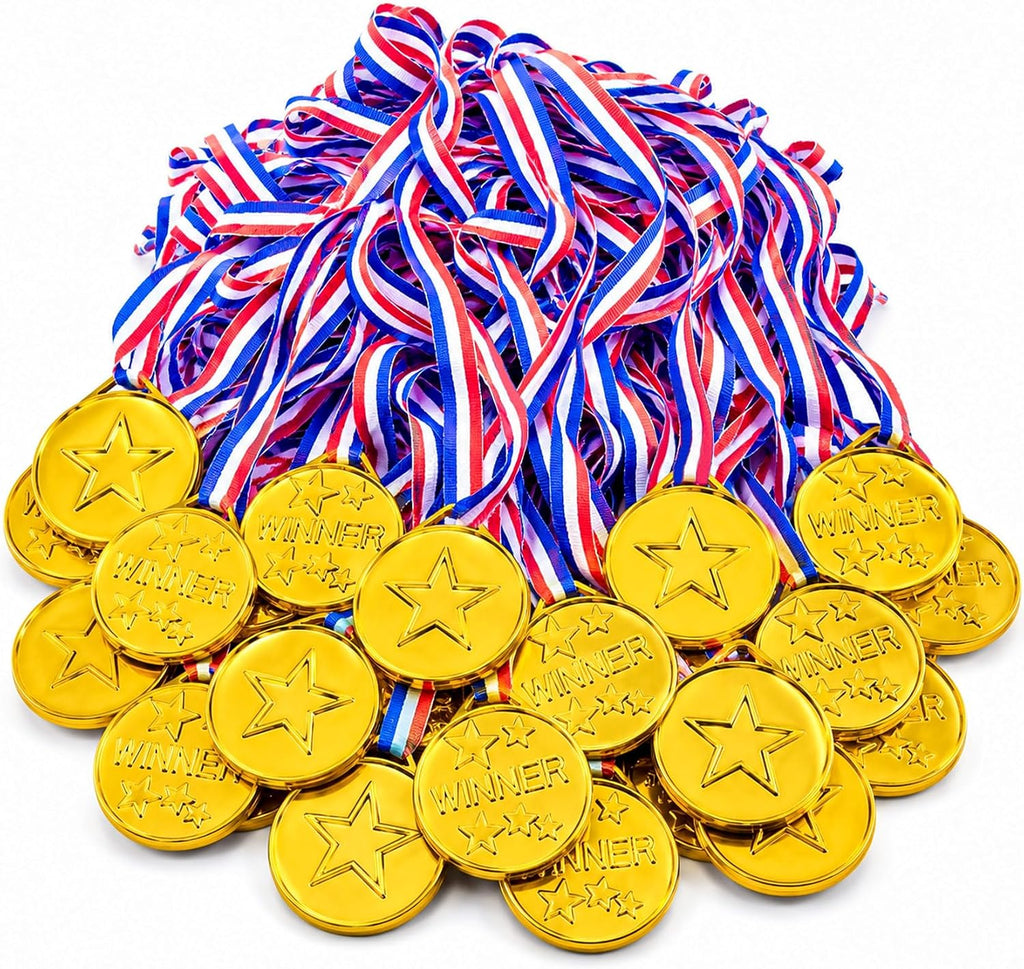 RAINFLOW 40PCS Plastic Gold Medals for Kids - Award Medals with Ribbons