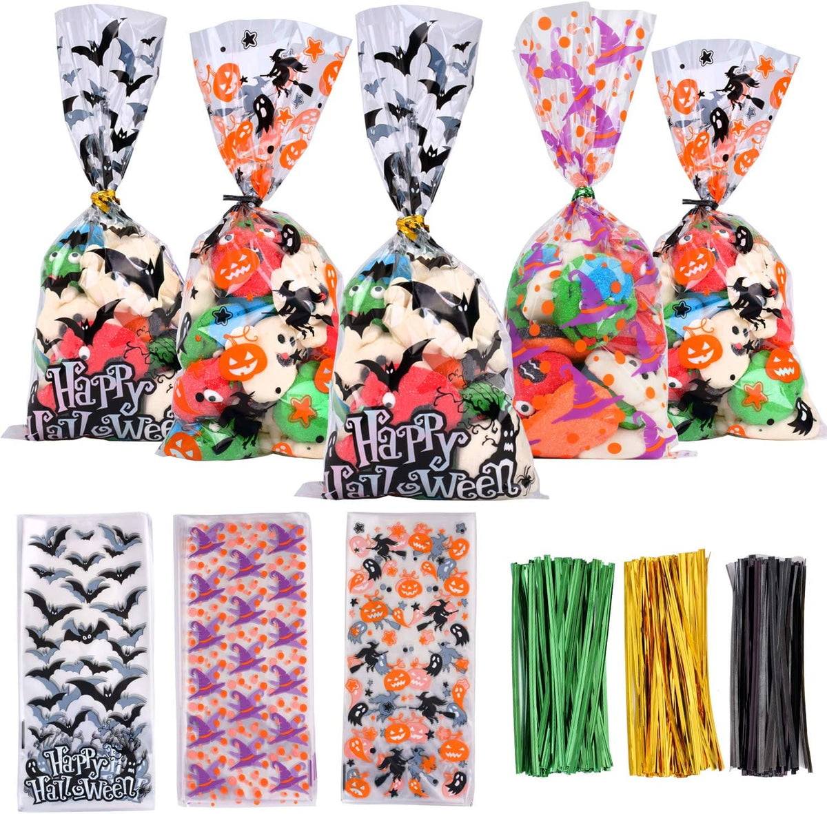 DIYASY 150 Pcs Halloween Cellophane Treat Bags, Clear Candy Bags Plastic Bats Pumpkin Bag Witch Goody Bag with 300 Twist Ties for Kids Party Favor