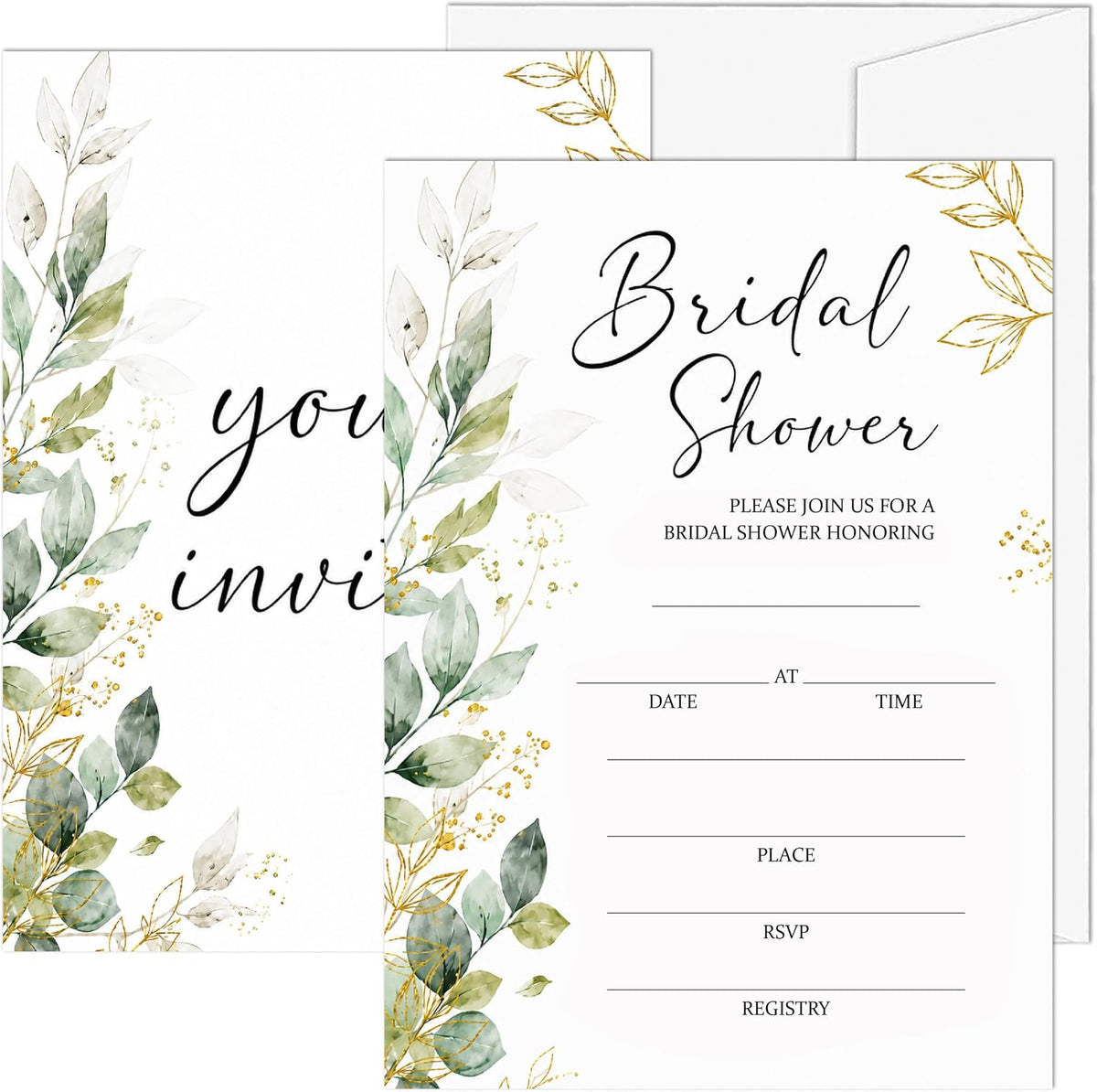 Bridal Shower Invitations, 25 Eucalyptus Leaves Wedding Shower Invites with Envelopes, 5x7 Greenery Bride to Be Engagement Party Supplies - A01