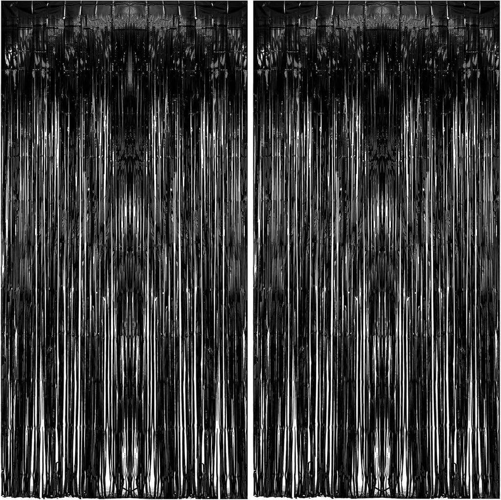 2 Pack Foil Curtain Backdrop Black Metallic Tinsel Foil Fringe Curtains Photo Booth Props for Birthday Wedding Engagement Baby Shower Bachelorette Christmas Holiday Celebration Party Decorations