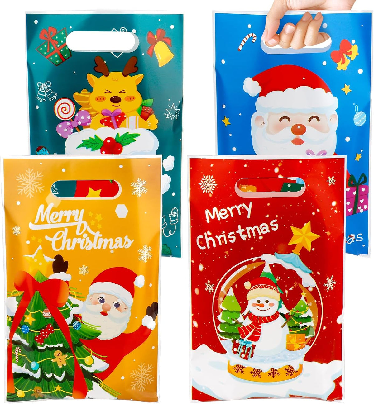 100 PCS Christmas Treat Bags with Handles, Christmas Goodie Bags, Xmas Gift Bag, Plastic Snowman Santa Claus Candy Goody Cookie Snack Bag Holiday Party Favor Bag for Xmas Winter Party Favor Supplies