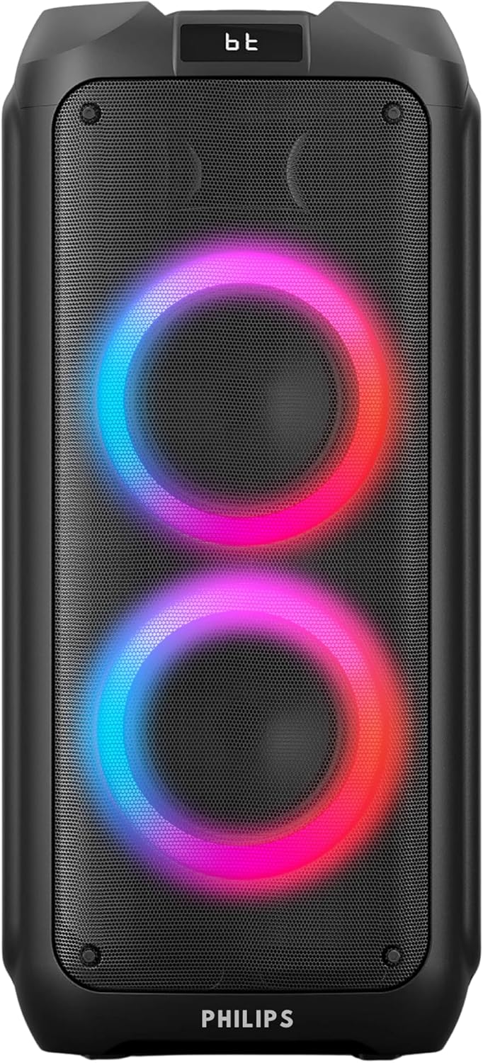 Philips Bluetooth Party Speaker, 120W Powerful Sound with Dynamic Bass Boost, 10 RGB Light Modes, Karaoke Mic & Guitar Inputs, FM Radio, USB/TF/AUX Playback, Portable Handle, Remote Control (Cordless)