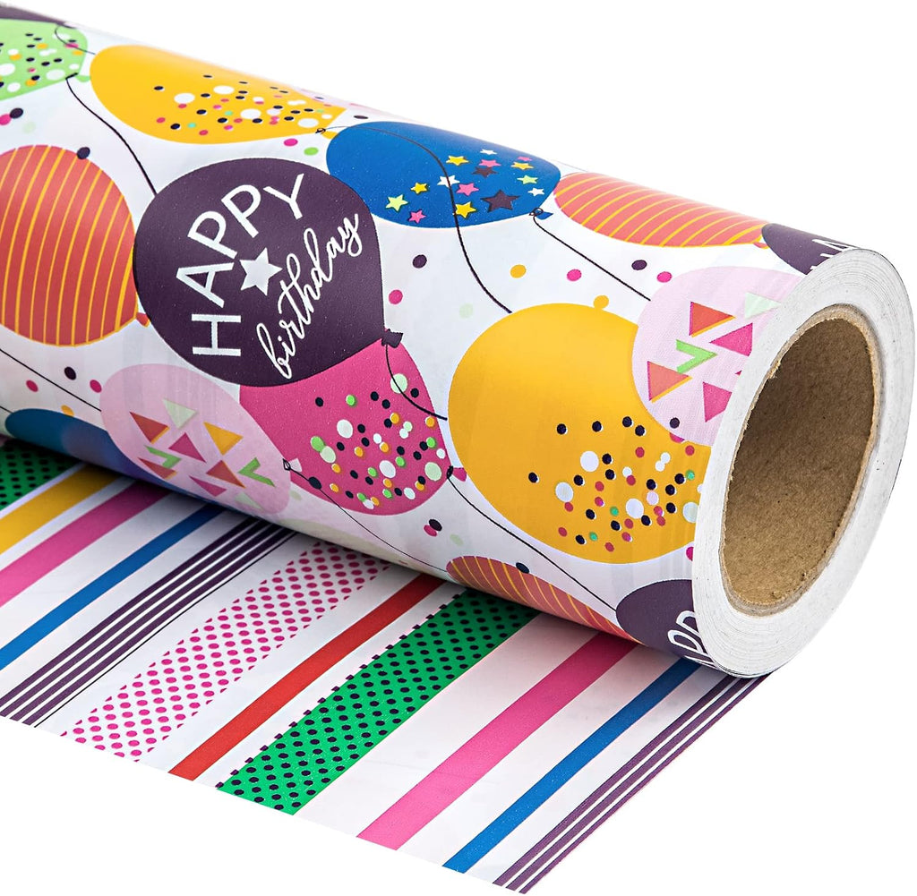 WRAPAHOLIC 30 Inch Reversible Birthday Wrapping Paper - 30 Inch x 33 Feet - Colorful Balloon with Confetti Design for Birthday, Baby Shower