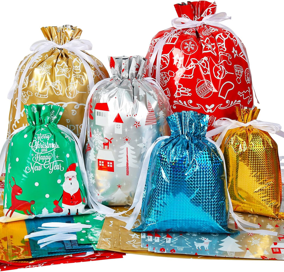 HRX Package 30pcs Foil Drawstring Christmas Gift Bags Assorted Sizes, Holiday Gift Wrapping Sacks Xmas Pouches for Presents