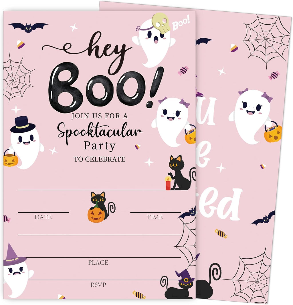 SIXEIGHT Pink Hey Boo Halloween Party Invitations, Cute Ghost Cat Halloween Invitations for Boys Girls, 25 Pack Pink Invite Cards with Envelopes, Wedding Birthday Baby Shower Party Decorations-E05