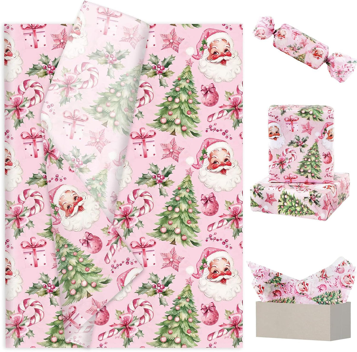 JarThenaAMCS 60 Sheets Christmas Tissue Paper Pink Santa Art Tissue Xmas Tree Candy Cane Gift Wrapping Paper for DIY Arts Crafts Xmas Holiday Birthday Party, 14 x 20 Inch