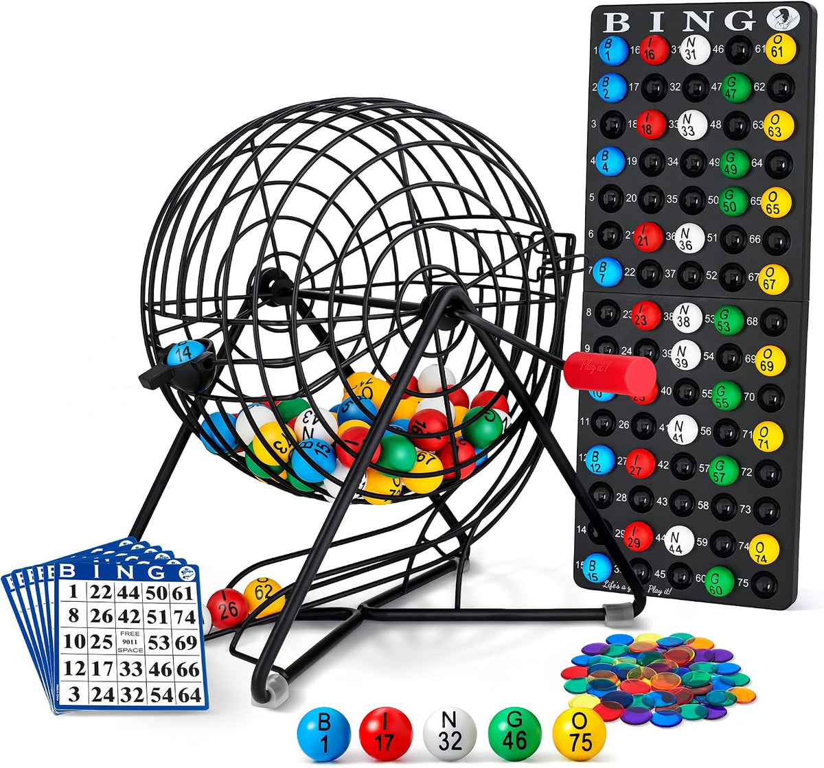 MR CHIPS 11" (Inch) Tall Professional Bingo Set with Steel Cage, Everlasting 7/8” Balls, 18 Cards and 300 Chips - Mysterious Black Color