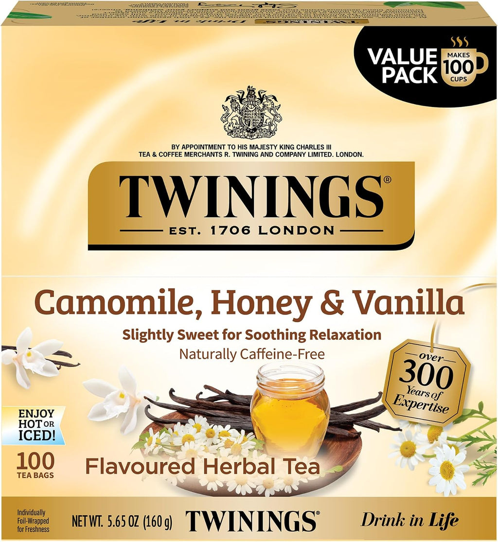 Twinings Camomile, Honey & Vanilla Herbal Tea Individually Wrapped Bags, 100 Count (Pack of 1), Naturally Caffeine-Free, Enjoy Hot or Iced, 100 Teabags