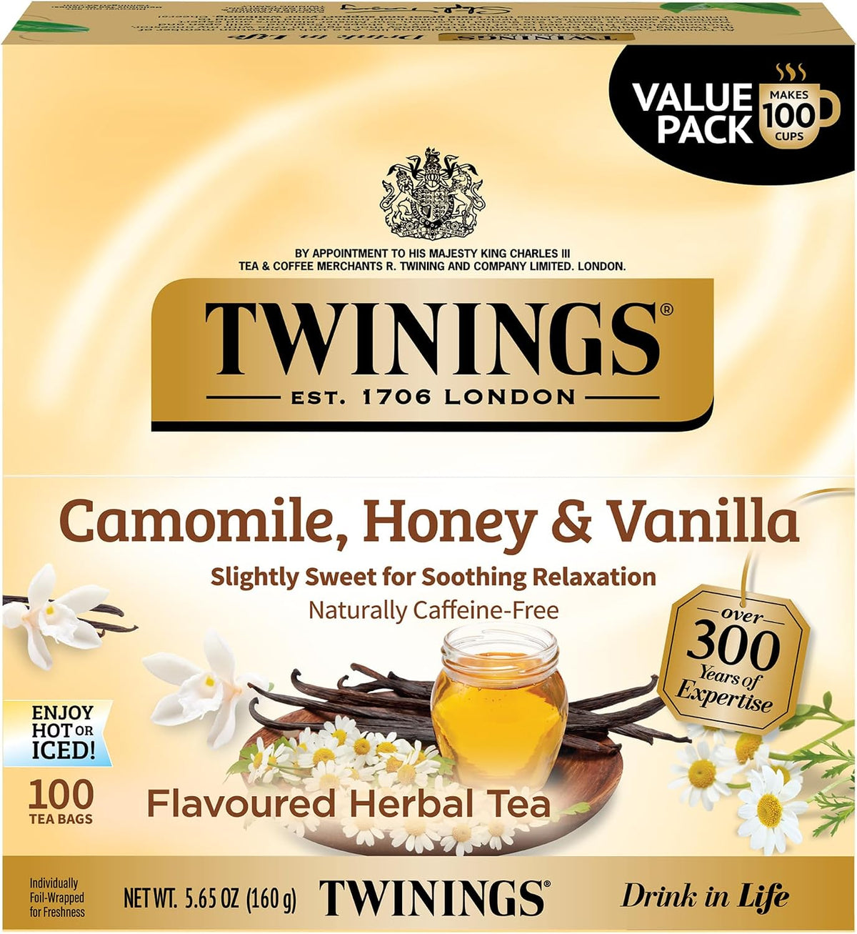 Twinings Camomile, Honey & Vanilla Herbal Tea Individually Wrapped Bags, 100 Count (Pack of 1), Naturally Caffeine-Free, Enjoy Hot or Iced, 100 Teabags