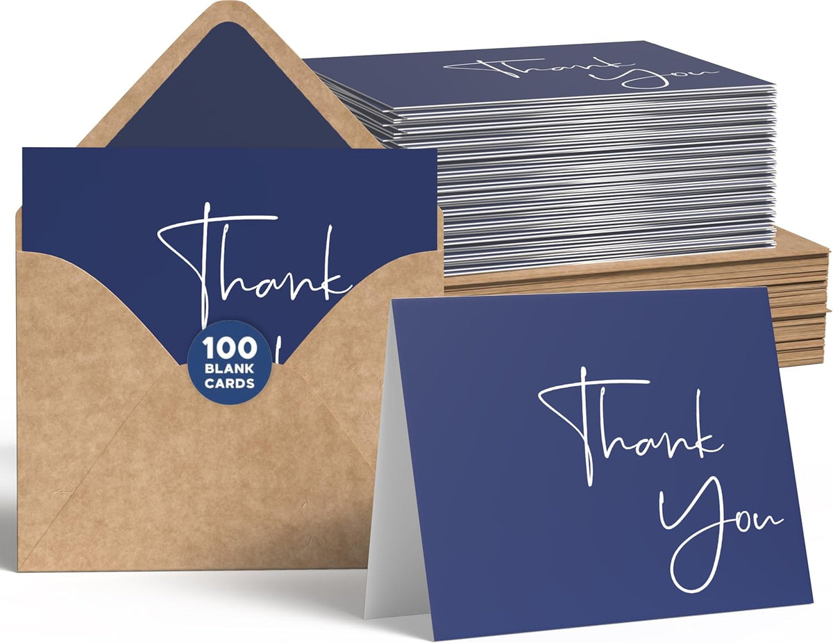 VNS Creations Thank You Cards With Envelopes - 100 Pack 4 x 6 - Navy Blue