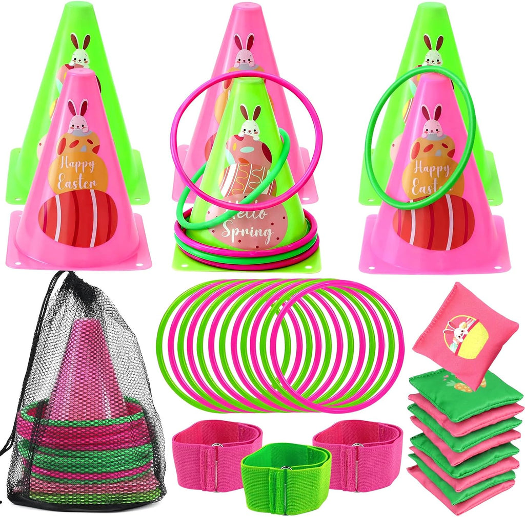 4 in 1 Easter Outdoor Games for Kids and Family, Easter Party Game with Ring Toss, Plastic Cones, Bean Bags, 3-Legged Race Bands, Carnival Spring Games Activities Combo Set for Adult Yard Classroom