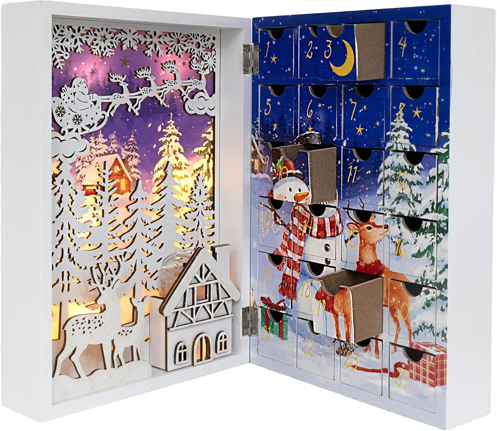 Lighted Wooden Christmas Advent Calendar Book, White