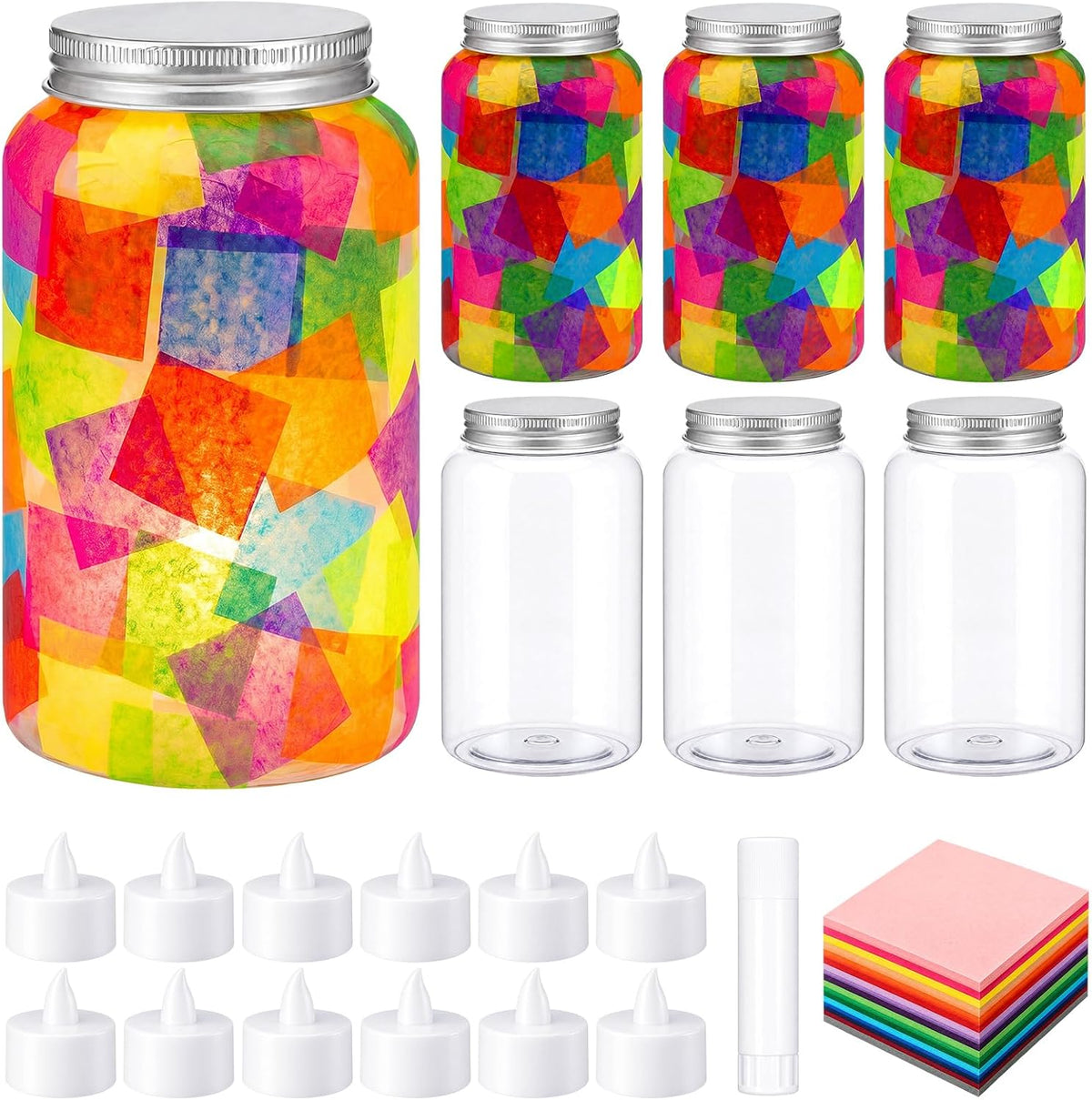 Qinyoung 12 Pcs Coloring Rainbow Mason Jars Crafts DIY Suncatchers