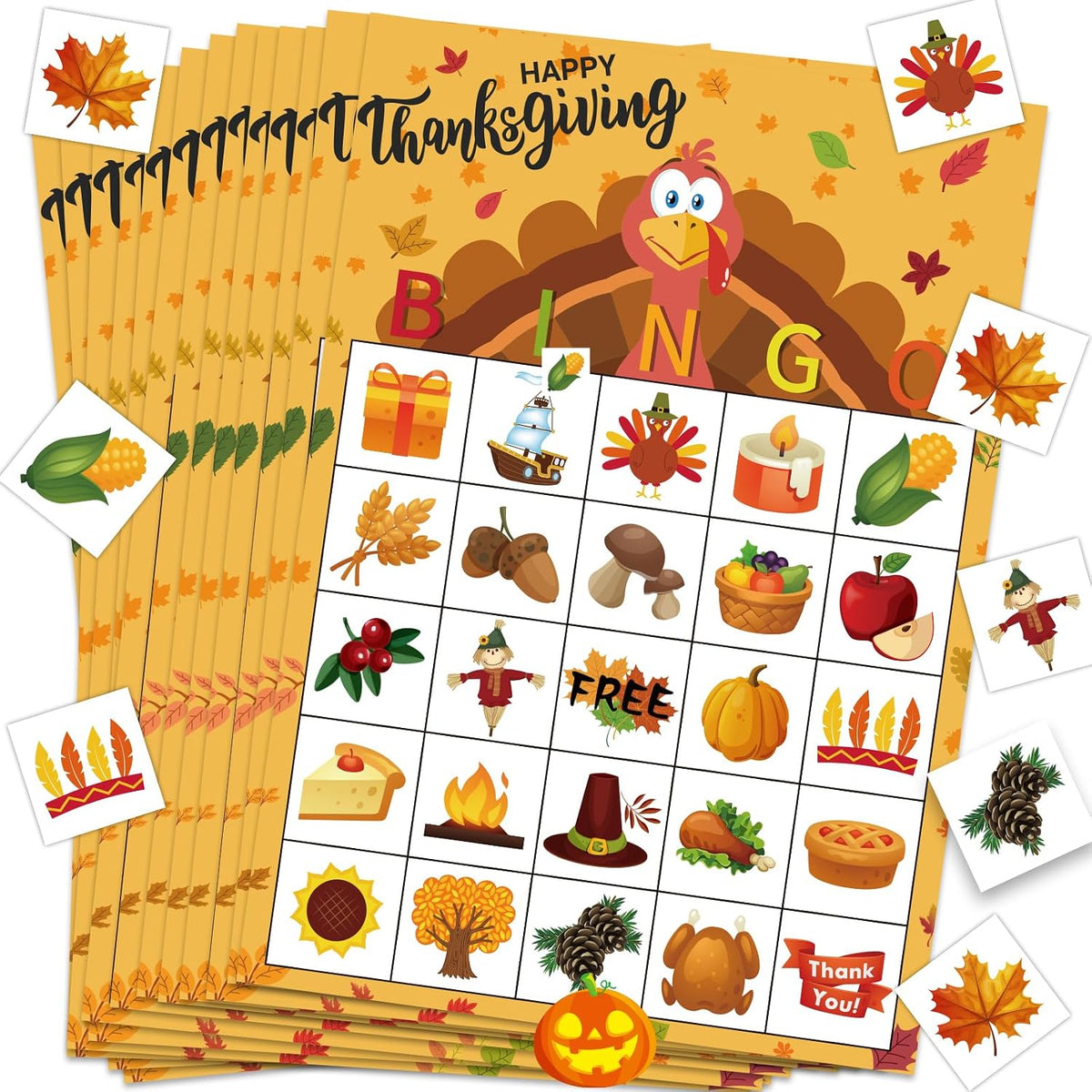 Thanksgiving Games for Kids, Fall Thanksgiving Bingo Cards Game 24 Players