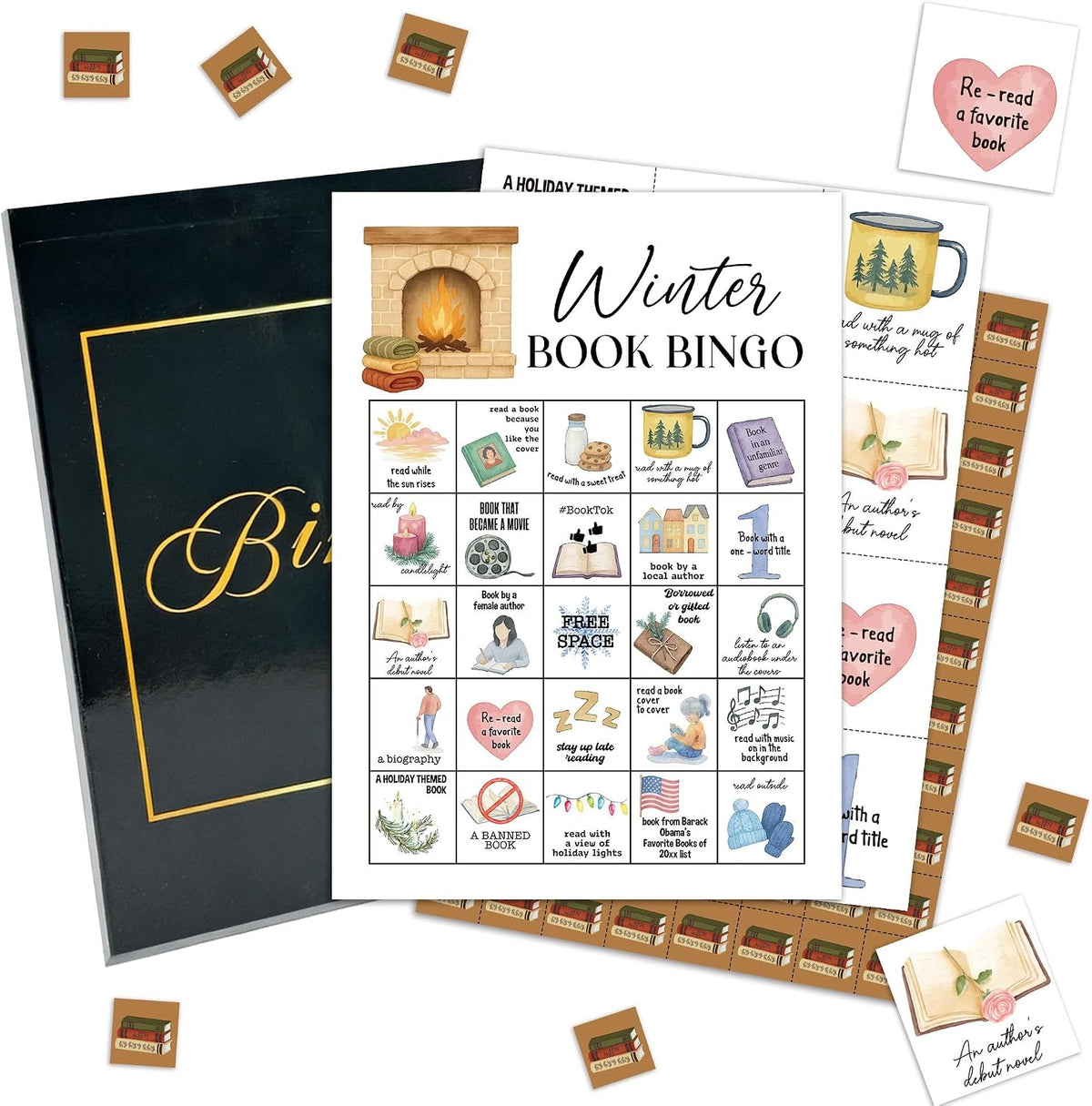 Winter Book Party Bingo Game Cards, Bookish Bingo Set for Adults Large Group, Book Club Reading Group Activities, Xmas Activities Icebreaker Games, for Family Friends, 04