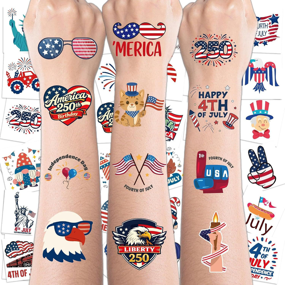 250th Anniversary USA Shirt - 150 PCS USA Flag Patriotic Tattoos for Fourth of July Accessories America Merchandise | 4th of July Outfits for Women,Red White Blue Party Decorations Favors Supplies