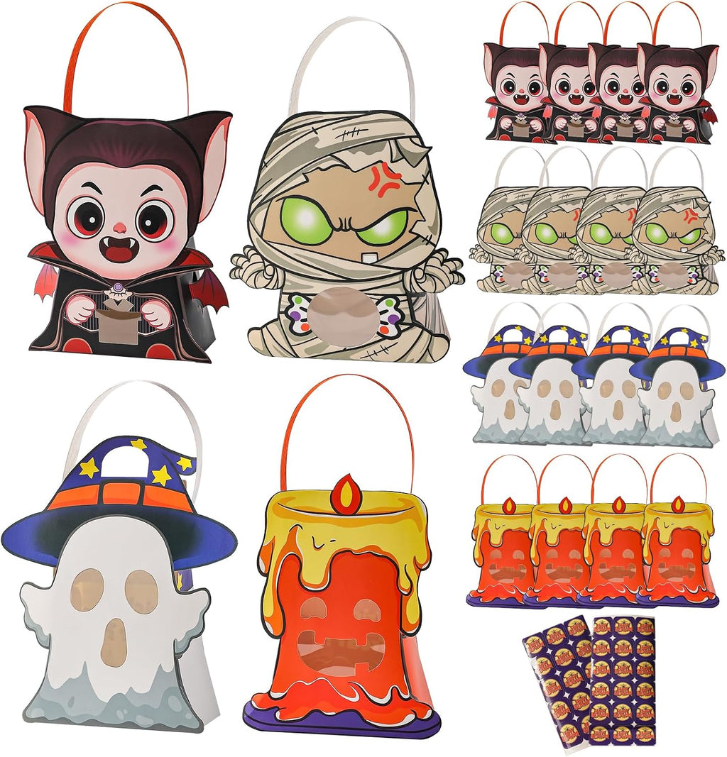 CcXxMming 30 PCS Halloween Treat Boxes with Handles and Stickers, 4 Designs Ghost Mummy Vampire Candle, Medium Size, Halloween Candy Gift Boxes and Goodie Bags with Transparent Window, Party Favors