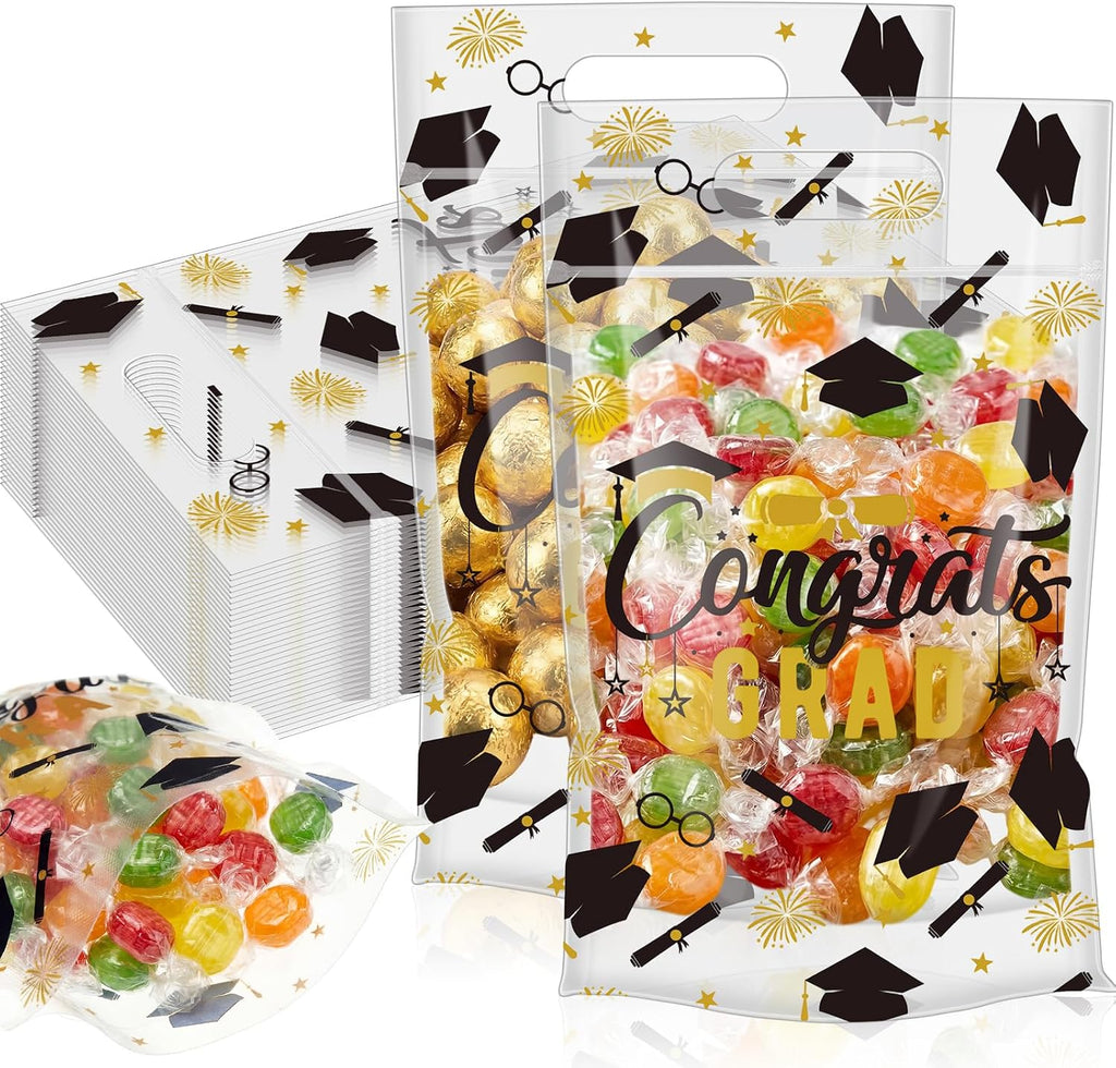 Engrowtic 100 Pcs Graduation Treat Bags Resealable 2026 Congrats Grad Gift Bags Black and Gold Plastic Snack Goodie Pouches with Handles for Graduation Party Favors Supplies